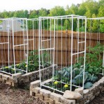 Typical square foot garden with pvc frames for vertical plants