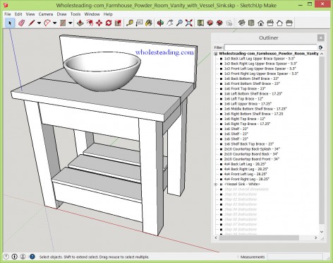 Wholesteading-com - SketchUp plan - Farmhouse Powder Room Vanity with Vessel Sink