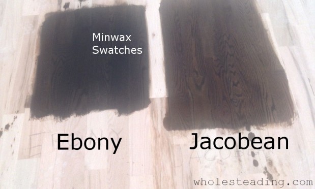 Two swatches of stain Bethany used to decide between Minwax Ebony and Jacobean (she decided on Ebony)