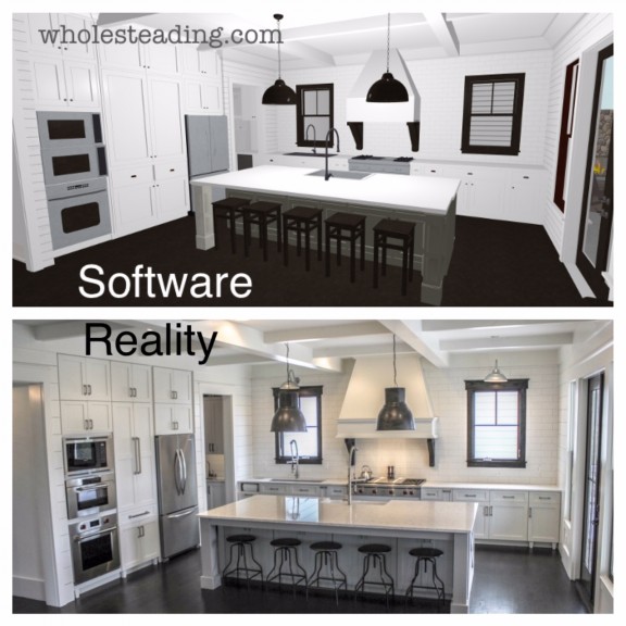 Picture showing Bethany's kitchen design in Chief Architect's Home Design software and then the final real life kitchen - its AMAZING how similar they look!